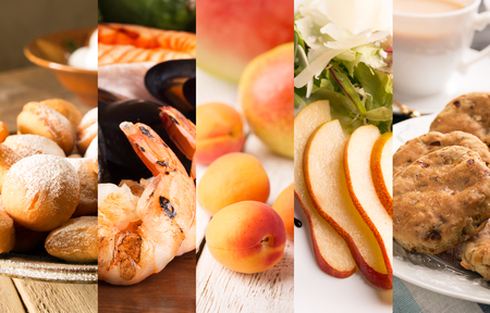 Collage of photos of natural food (in orange colors)の写真素材