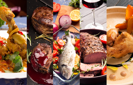 Food collage of photos of juicy meat and fish with vegetablesの写真素材