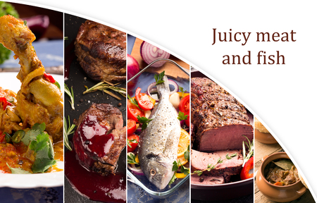 Food collage of photos of juicy meat and fish with vegetablesの写真素材