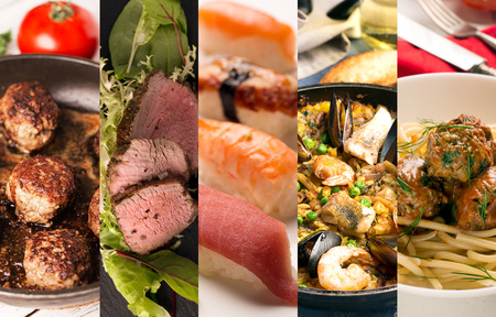 Food collage of photos of juicy meat and seafoodの写真素材