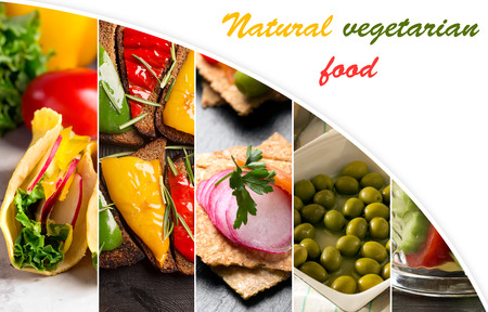 Food collage of photos of natural vegetarian foodの写真素材