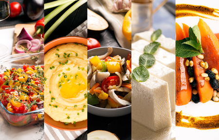 Food collage of photos of natural vegetarian food from different cuisineの写真素材