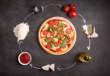 Italian pizza recipe. Ingredients for pizza on the chalkboard (tomatoes, cheese, sauce, water, spices, oil and flour)の写真素材