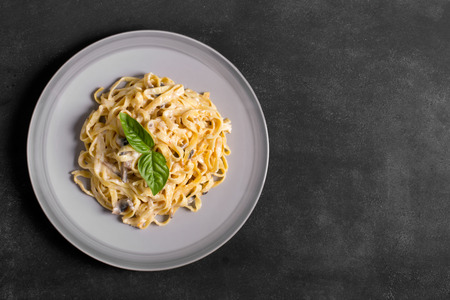 Pasta with mushrooms and bechamel sauce on the black chalkboard with copy spaceの写真素材