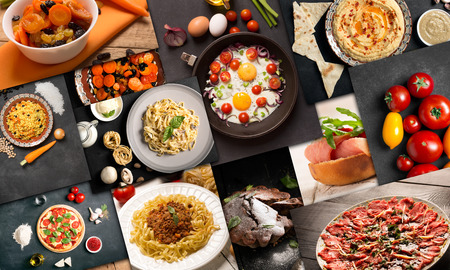 Collage of photos of natural food on the black and white backgroundの写真素材