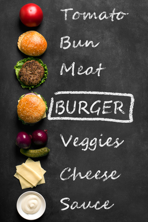 Beef burger with lettuce and minced meat cutlet. Black chalkboard. Top viewの写真素材