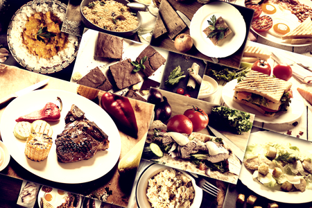 Collage from different pictures of natural food prepared in rustic styleの写真素材