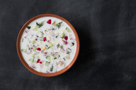 Okroshka. Traditional russian Summer yoghurt cold soup with vegetablesの写真素材