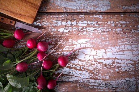 Fresh farm vegetable- radish, on wooden rustic backgroundの写真素材