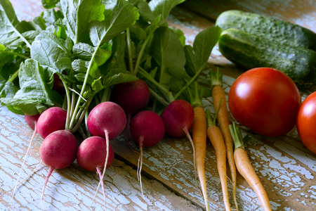 Fresh farm vegetable- radish, cucumber, tomato, carrot on wooden rustic background, side viewの写真素材