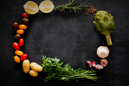 Mediterranean food vegetables and sauces on the chalkboard. Top viewの写真素材