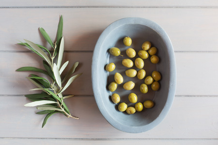 Fresh green olives. Top viewの写真素材