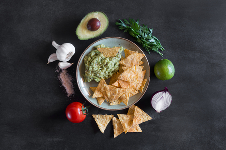 Plate of guacamole with tortilla chips and ingredientsの写真素材