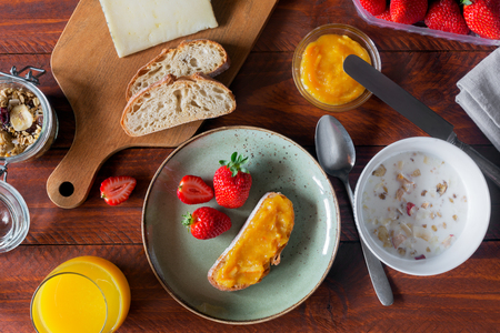 Traditional european breakfast. Bread, jam and berriesの写真素材