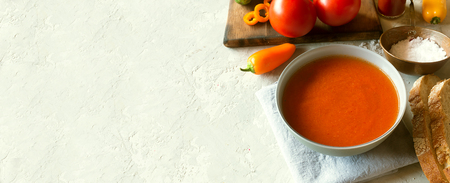 Tomato gazpacho soup with fresh cucumbersの写真素材