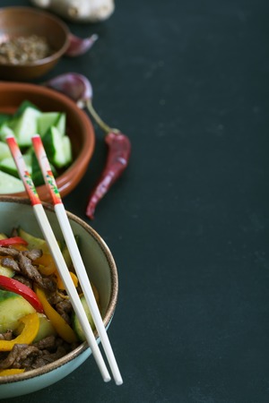 Traditional Asian stir fry salad contains meat and vegetables. Seasoned with soy sauceの写真素材