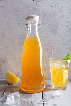 Kombucha is a drink produced by fermenting tea with symbiotic culture of bacteria and yeastの写真素材