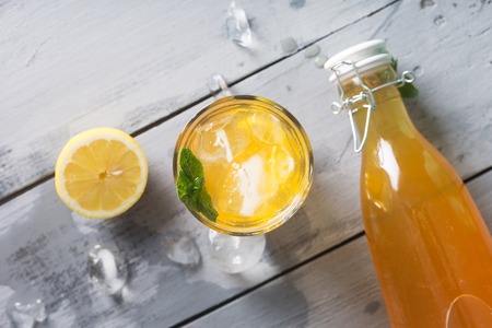Kombucha is a drink produced by fermenting tea with symbiotic culture of bacteria and yeastの写真素材