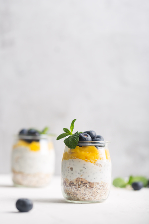Glass of yogurt with blueberries and mango mousse, chia seed and oat granola, copy spaceの写真素材