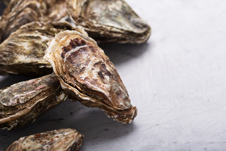 Closed oysters on concrete background. Healthy sea food. Close up shotの写真素材