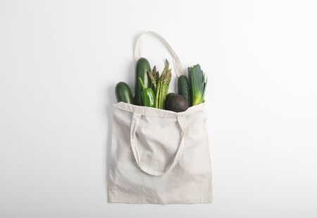 Reusable zero waste textile product bag, top view on white backgroundの写真素材