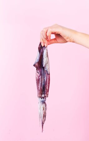 Female hand holds squid on a pink background. This image may show dislike or describe of allergy conceptの写真素材