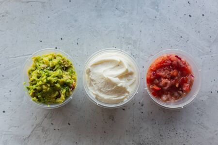 Traditional mexican sauces on the gray concreteの写真素材