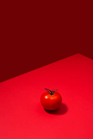 Single fresh tomatoe presented on red background, creative minimalism concept with copy spaceの写真素材
