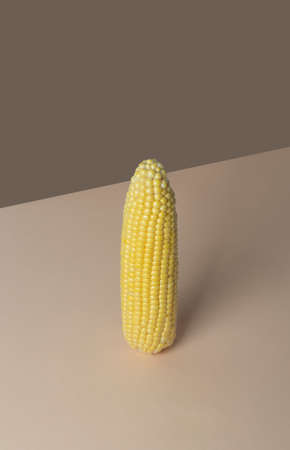 Yellow corn on a beige pastel background. Minimalistic concept in isometric styleの写真素材