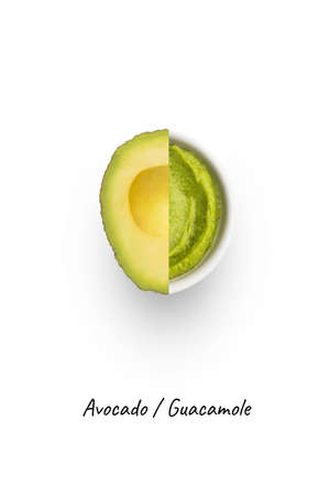 White bowl of fresh guacamole and avocado. Food concept, isolated on white background