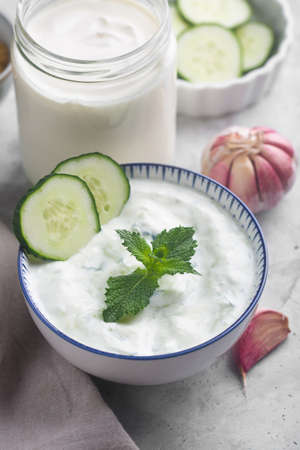 Traditional Indian Raita with cucumber, greek yoghurt. Close up shotの写真素材