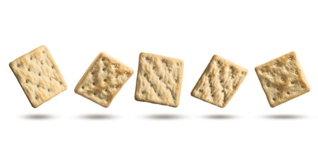 Group of dry crackers isolated on white background with shadow