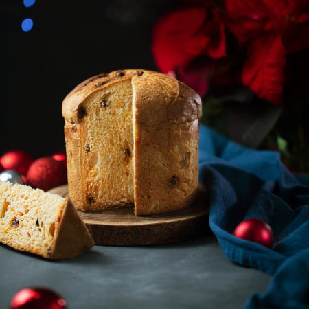 One panettone sweet bread , traditional Italian food for Christmas on a dark background, close upの写真素材