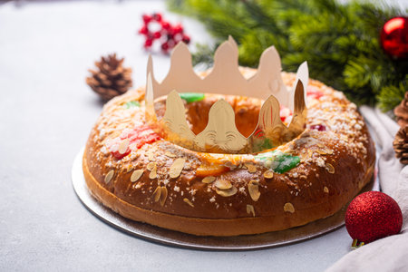 Roscon is a traditional Spanish Christmas pastry, decorated with crownの写真素材
