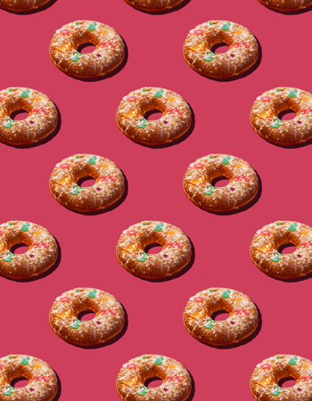 Roscon seamless pattern. Traditional Spanish Christmas pastry prepared with dry fruits and creamの写真素材