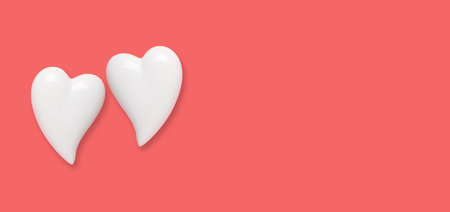 Two white hearts on a red background. Simple concept for Valentines day holidayの写真素材