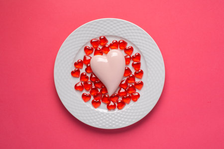 Pink and red hearts on a plate on pink background. Simple concept for Valentines day holidayの写真素材