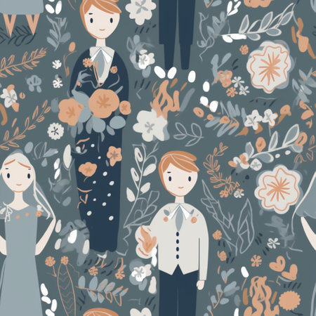 Seamless wedding pattern with bride and groom, wedding dresses, suits. Generative AIの素材