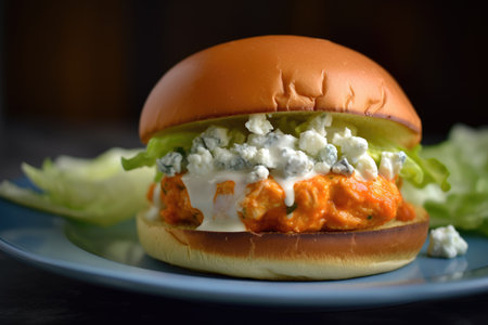 Buffalo chicken burger with blue cheese dressing and celery slaw, horizontalの素材