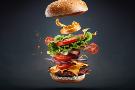 Flying burger filled with beef, cheese and vegetables on a black background photo, in the style of playful surrealism, levitationの素材