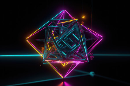 3d illustration of neon octahedron suspended in a black void, with a pulsing neon light at its center and smaller neon shapes orbiting around itの素材