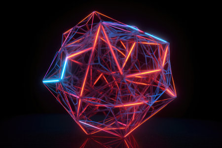 3d illustration of neon icosahedron with a fiery neon core, surrounded by a web of pulsing neon lines and patternsの素材