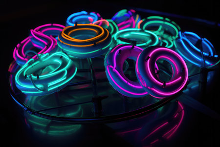 3d illustration neon donuts nestled among other geometric shapes, each glowing in a different neon hueの素材