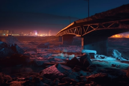 Crumbling bridge at night stretching over a dried-up riverbed with green liquid is chemical emissions, post apocalypticの素材