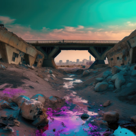 Crumbling bridge stretching over a dried-up riverbed with colourful liquid is chemical emissions, post apocalypticの素材