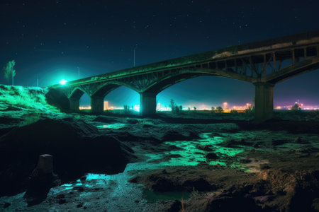Crumbling bridge at night stretching over a dried-up riverbed with green liquid is chemical emissions, post apocalypticの素材
