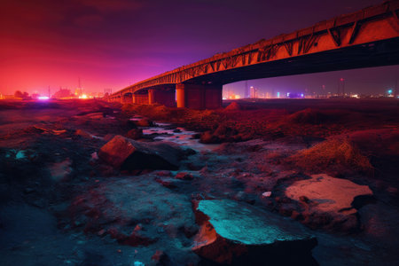 Crumbling bridge at neon light in night stretching over a dried-up riverbed with green liquid is chemical emissions, post apocalypticの素材