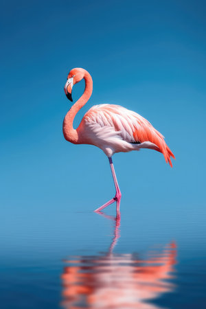 Standing pink flamingo close up on turquoise blue sky and water backgroundの素材
