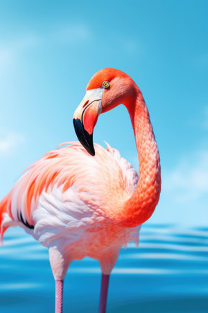 Standing pink flamingo close up on turquoise blue sky and water backgroundの素材
