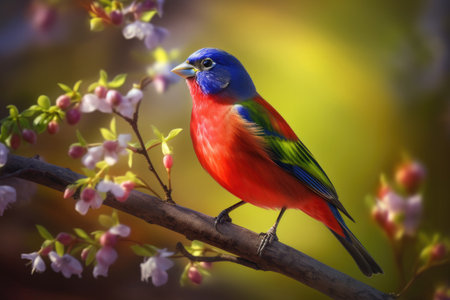 Painted Bunting Cardinal on the tree, spring buds, colorful background, side lookの素材